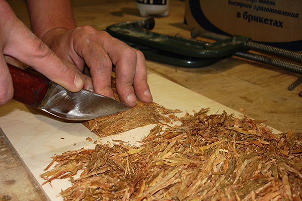 Cutting tobacco leaves with a knife